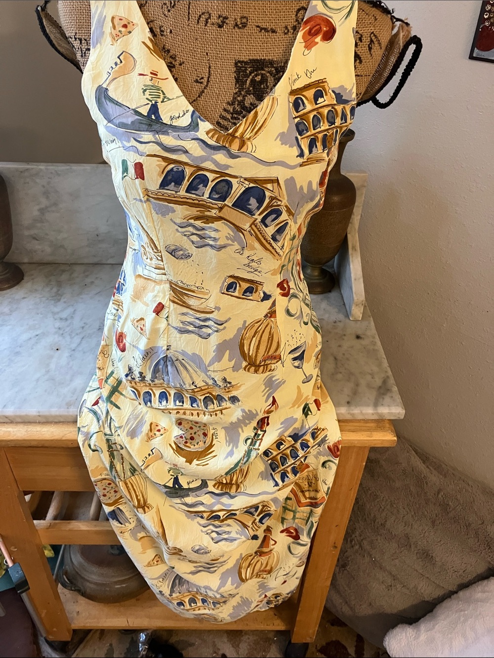Tori Richard Yellow Venice Scenic Print Midi Dress Sexy Fab!! Vintage!